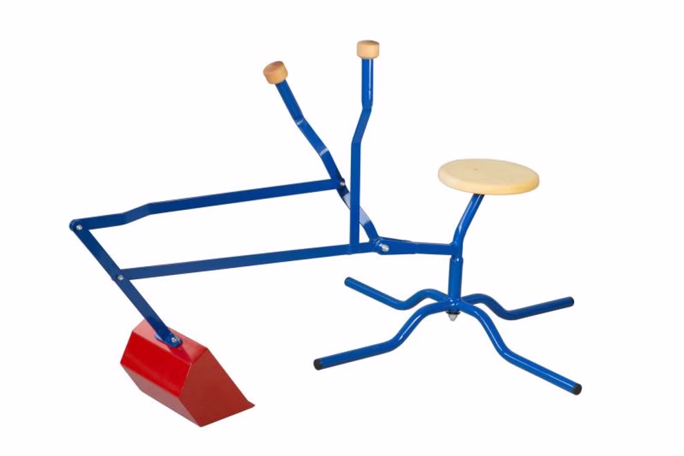 Sandbagger mit Standardfuß Lautenbach Sandbagger mit blau-rotem Stahlgestell, großer Schaufel und Sitz aus massivem Fichtenholz für Kinder von 4 bis 8 Jahren.