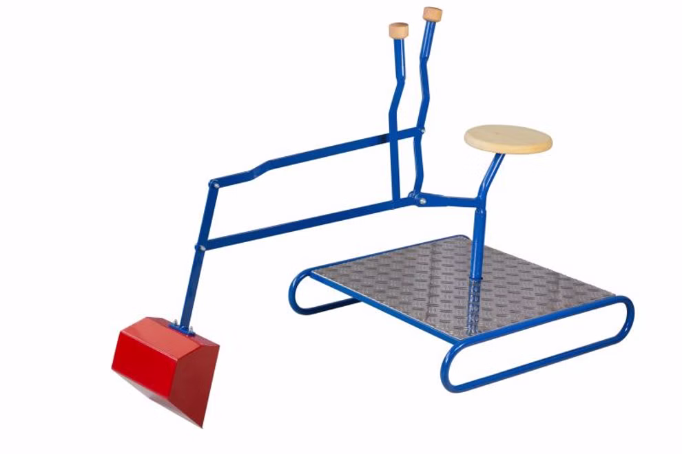 Sandbagger mit Raupengestell Lautenbach Sandbagger mit rot-blauem Raupengestell, großer Schaufel und Sitz aus massivem Fichtenholz für Kinder von 4 bis 8 Jahren.