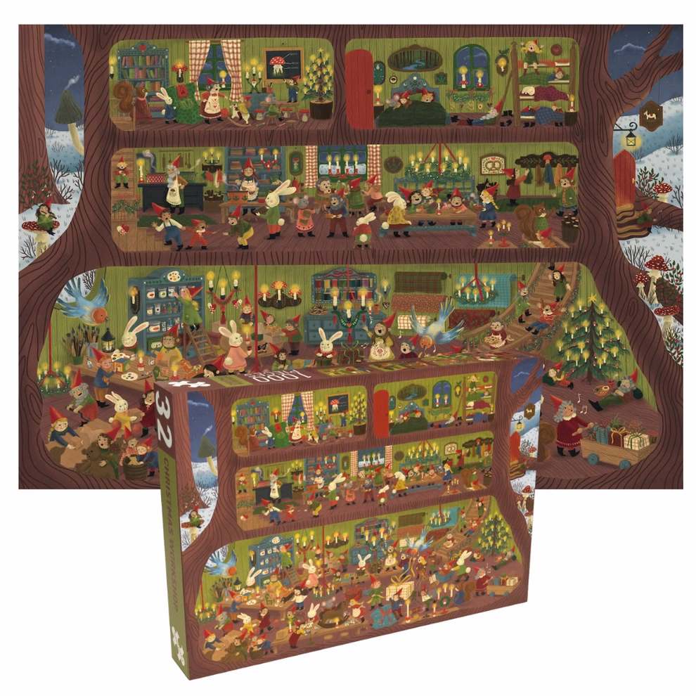 Puzzel Weihnachtswerkstatt 1000-teiliges Puzzle Weihnachtswerkstatt mit Wichteln und Waldfreunden in einem weihnachtlichen Baumstamm.