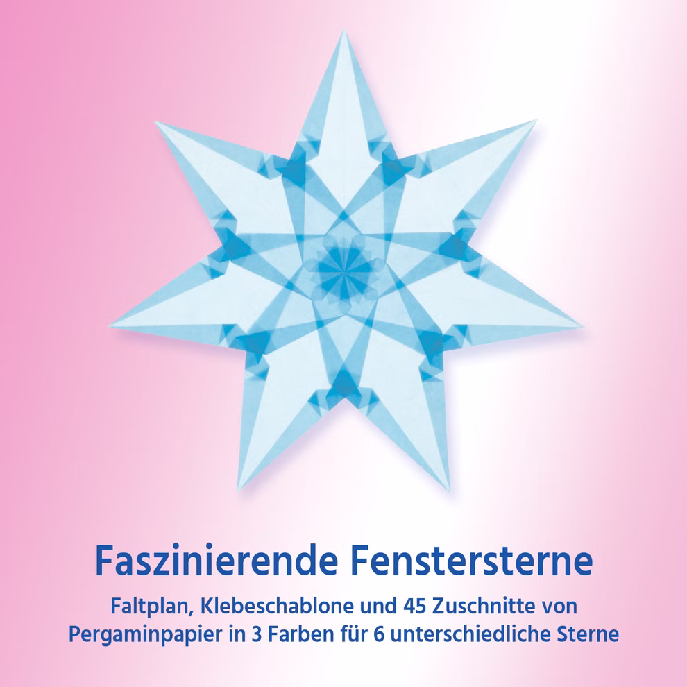 Faszinierende Fenstersterne Set „Faszinierende Fenstersterne“ mit sechs gefalteten Sternen aus hellblauem, hellgelbem und weißem Pergaminpapier.