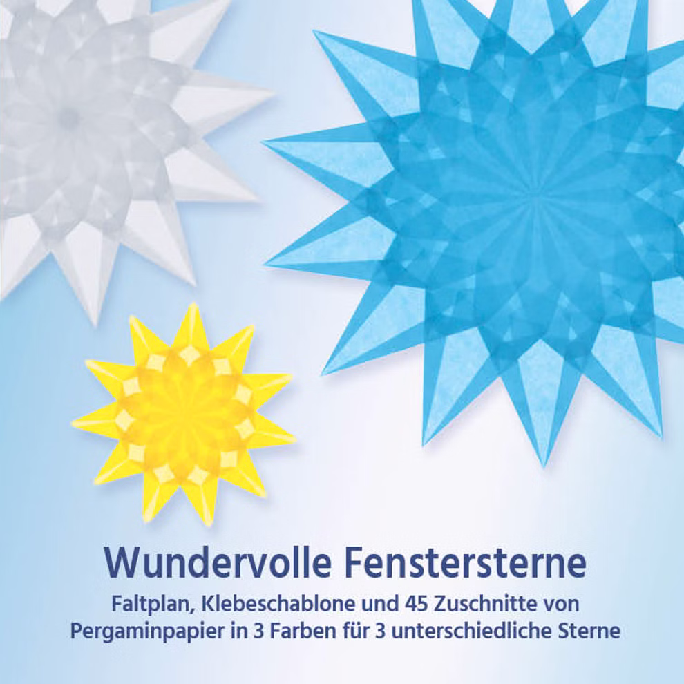 Wundervolle Fenstersterne Drei gefaltete Fenstersterne aus Pergaminpapier in Hellblau, Hellgelb und Weiß mit unterschiedlich vielen Strahlen auf der Verpackung abgebildet, welche in hellblauem Farbverlauf gestaltet ist.