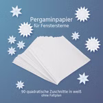 Pergaminpapier für Fenstersterne 90 Blatt weißes Pergaminpapier zum Falten von Fenstersternen. Eine dunkelblaue Verpackung die mit verschiedenen gefalteten Sternen bedruckt ist und den weißen Zuschnitten.