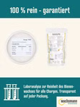 Bienenwachs-Pastillen, weiß Produktverpackungen mit Hinweis auf chargenbezogene Laboranalysen zur Reinheit des Bienenwachses.