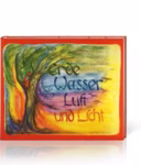 Das Buch "Erde Wasser Luft und Licht - Ein Drehbilderbuch" aus dem Mellinger Verlag besticht durch ein farbenfrohes Cover mit einem illustrierten Baum und einem Himmel in Gelb Grün Blau und Rot sowie einem handgeschriebenen Titel in Schwarz und Orange.