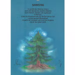 LebensWerkGemeinschaft Wandkalender Baumsprüche _1844 Die Zeichnung eines leuchtenden immergrünen Baumes steht auf grünem Gras unter blauem Himmel. Der "Wandkalender Baumsprüche" der LebensWerkGemeinschaft enthält einen deutschen Text über den Samstag und seine Bedeutung mit Symbolen und Zahlen in den Ecken.