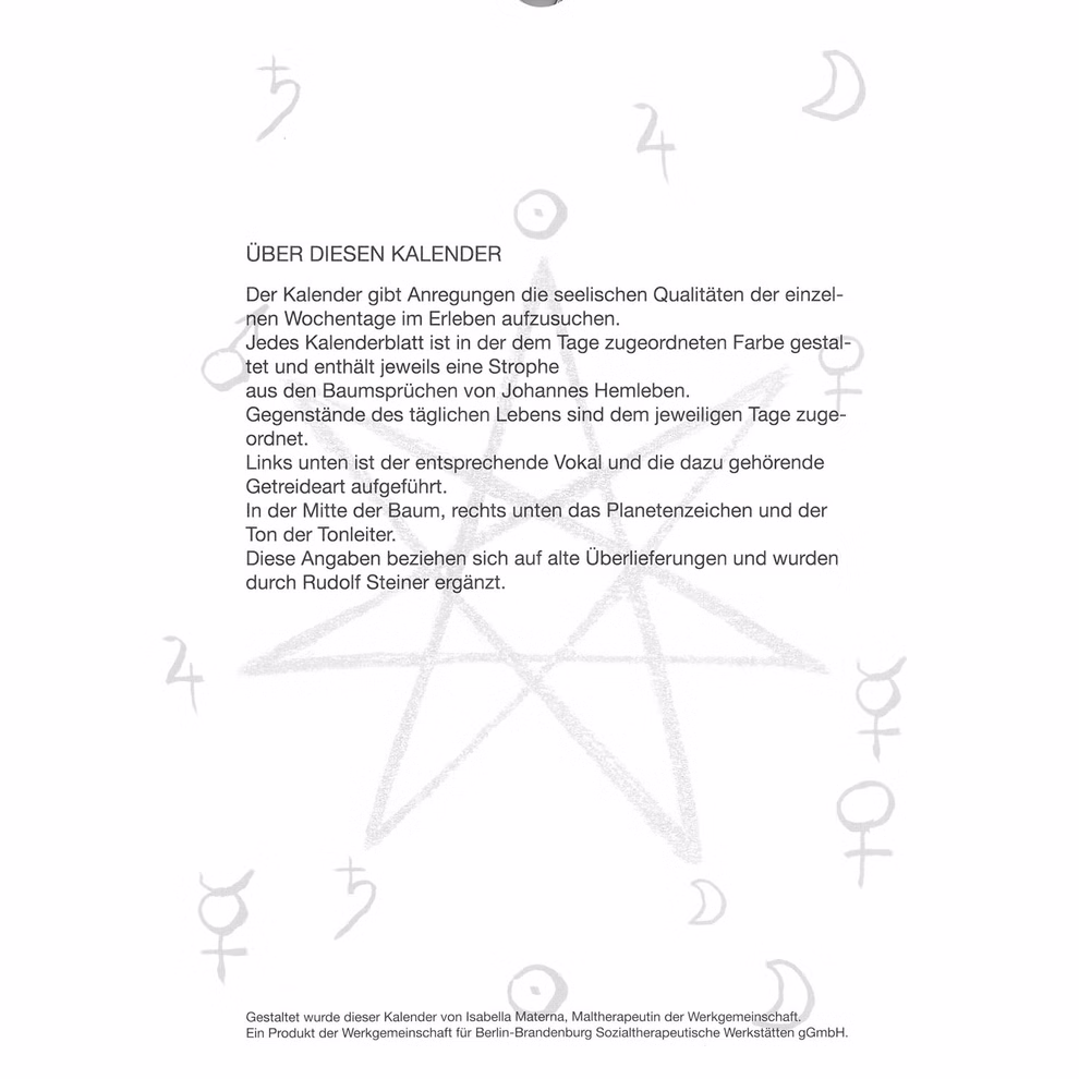 LebensWerkGemeinschaft Wandkalender Baumsprüche _1847 Eine Seite mit dem Titel Über diesen Kalender erklärt die Inspiration für den Wandkalender Baumsprüche von der LebensWerkGemeinschaft mit deutschem Text astrologischen Symbolen einem schwachen Sternenhintergrund und einem Designhinweis am unteren Rand.