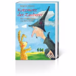 Freies Geistesleben Kotzmotz der Zauberer Brigitte Werner_2185 Das Buchcover von "Kotzmotz der Zauberer Brigitte Werner" von Freies Geistesleben zeigt ein Kaninchen mit einer Blume das einem großen Zauberer mit schwarzem Hut gegenübersteht vor einem blauen Himmel.