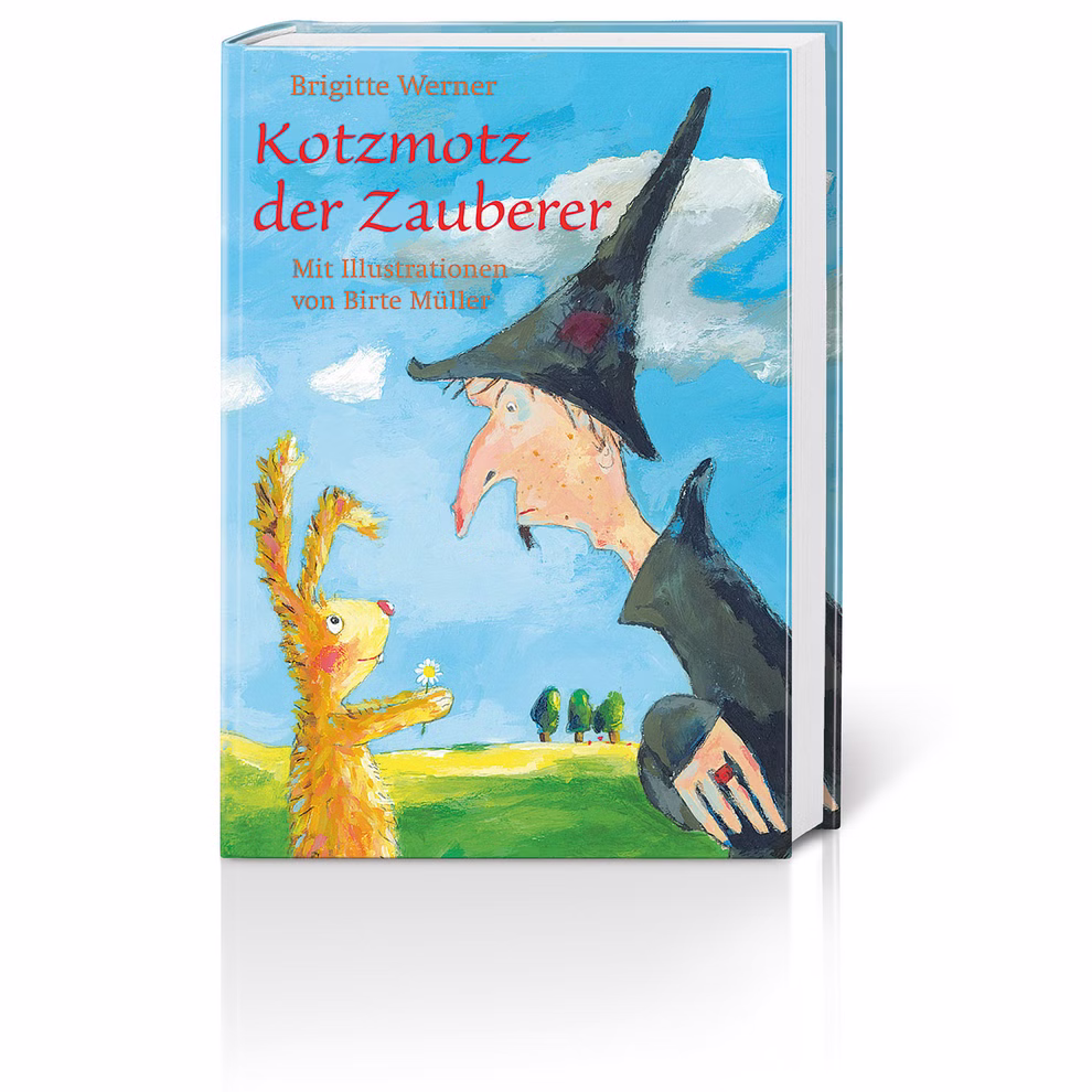 Freies Geistesleben Kotzmotz der Zauberer Brigitte Werner_2185 Das Buchcover von "Kotzmotz der Zauberer Brigitte Werner" von Freies Geistesleben zeigt ein Kaninchen mit einer Blume das einem großen Zauberer mit schwarzem Hut gegenübersteht vor einem blauen Himmel.