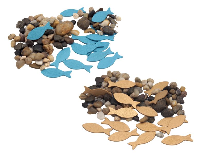 Streudeko Kieselsteine Fische Gold Blau Tischdeko Holz Steine Kommunion Konfirmation