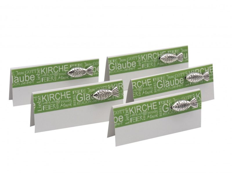 Tischkarten Namenskarten Kärtchen in Grün mit Fisch als Kommunion oder Konfirmation Deko