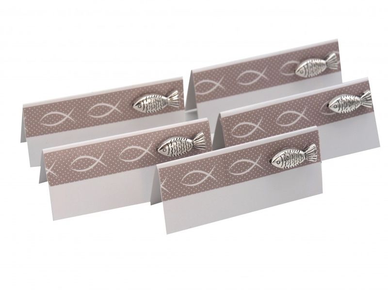 Tischkarten, Namenskarten, Kärtchen in Taupe mit Fisch als Kommunion oder Konfirmation Deko