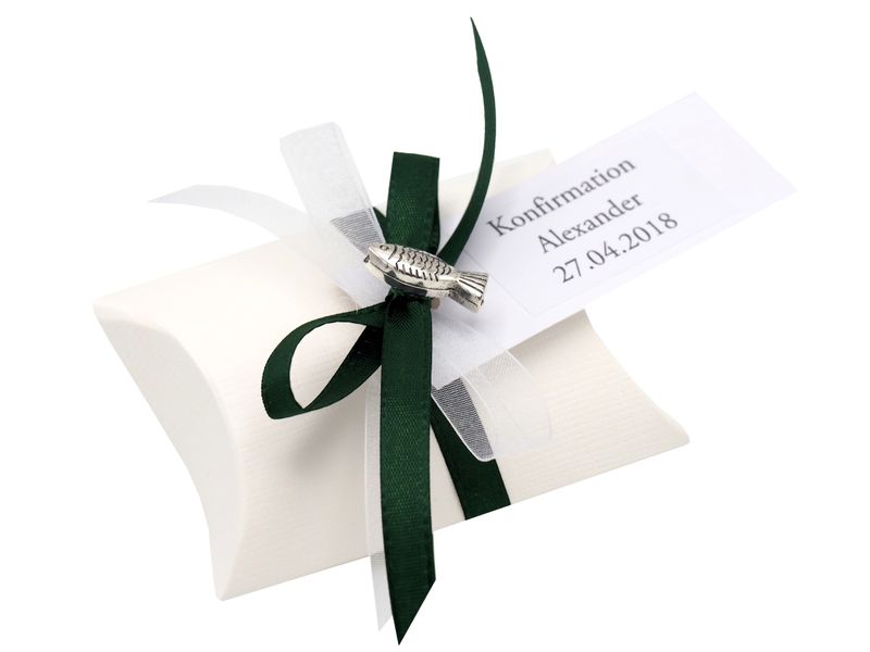 10x Gastgeschenk Fisch mit Namen Bedruckt Dunkelgrün Weiß Personalisiert Taufe Kommunion Konfirmation