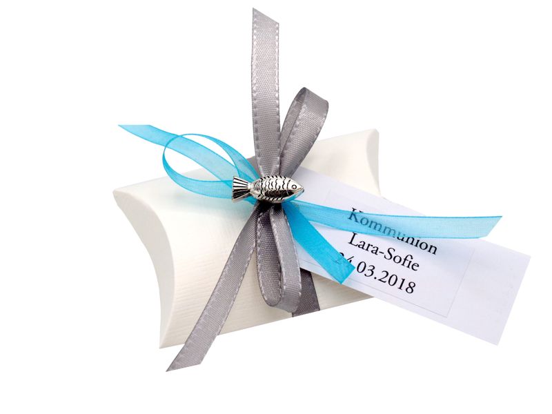 10x Gastgeschenk Fisch mit Namen Bedruckt Grau Türkis Personalisiert Taufe Kommunion Konfirmation