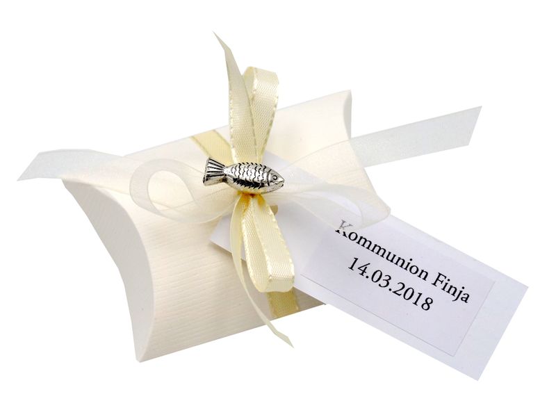 10x Gastgeschenk Fisch mit Namen Bedruckt Creme Personalisiert Taufe Kommunion Konfirmation