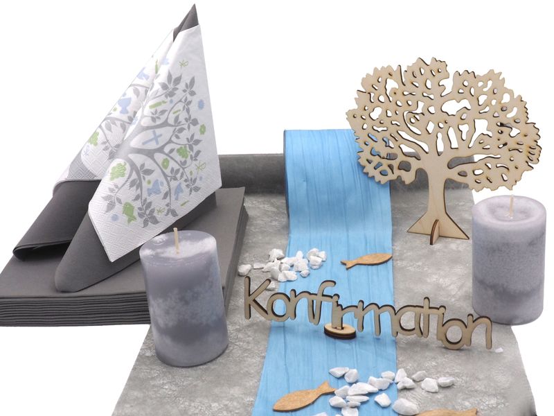 Tischdeko Kommunion Konfirmation Blau Hellblau Grau Weiß Baum SET 20 Personen