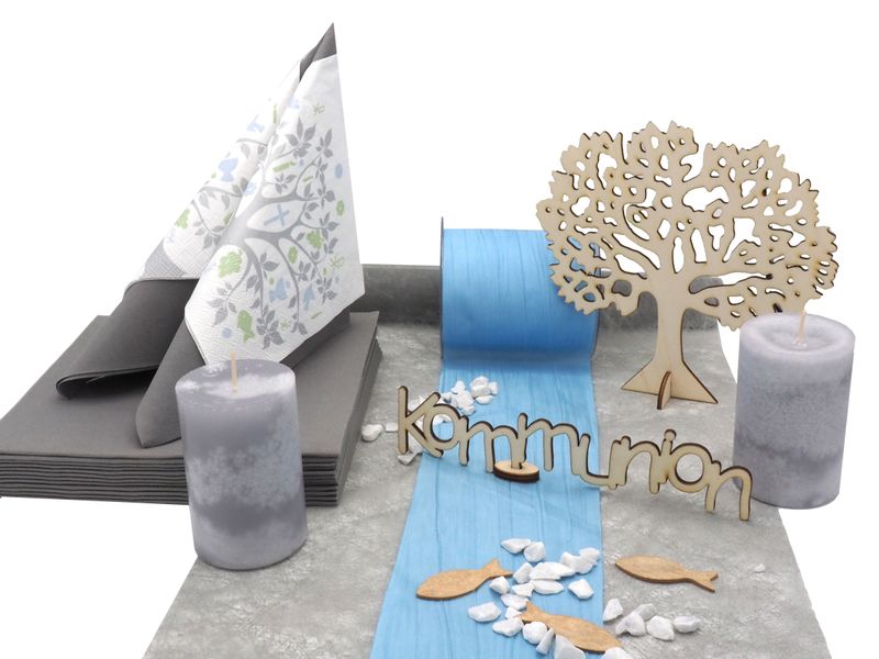 Tischdeko Kommunion Konfirmation Blau Hellblau Grau Weiß Baum SET 20 Personen