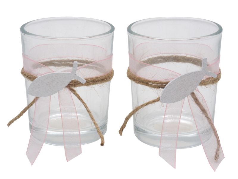 2x Teelichtglas Rosa Fisch Vintage Kommunion Konfirmation Tischdeko