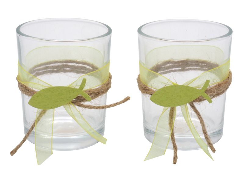 2x Teelichtglas Grün Fisch Vintage Kommunion Konfirmation Tischdeko