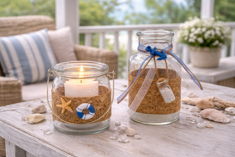 Windlicht mit Kerze und Vase Glas Maritim Blau Blumenvase Tischdeko Kerzenglas Sommer Meer