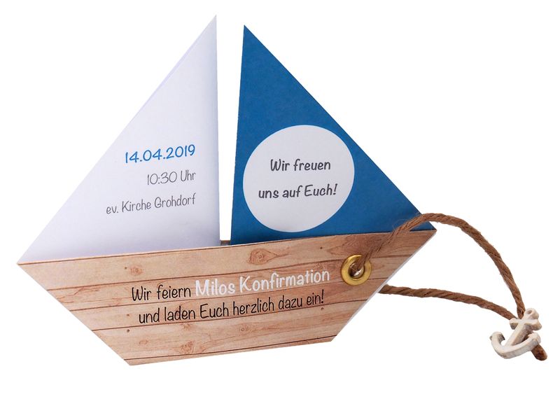 Einladungskarte Kommunion Konfirmation Taufe Boot Schiff Petrol Einladung Umschlag Braun Weiß