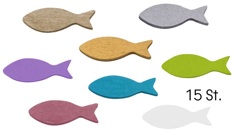 Tischdeko Streudeko Fische Holz 15 Stück Natur Petrol Silber Weiß Gold Mauve Lila Grün Kommunion Konfirmation