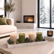 Adventsgesteck auf Holztablett mit Adventskerzen in Taupe & Grün, Zapfen, Tannenzweigen 2