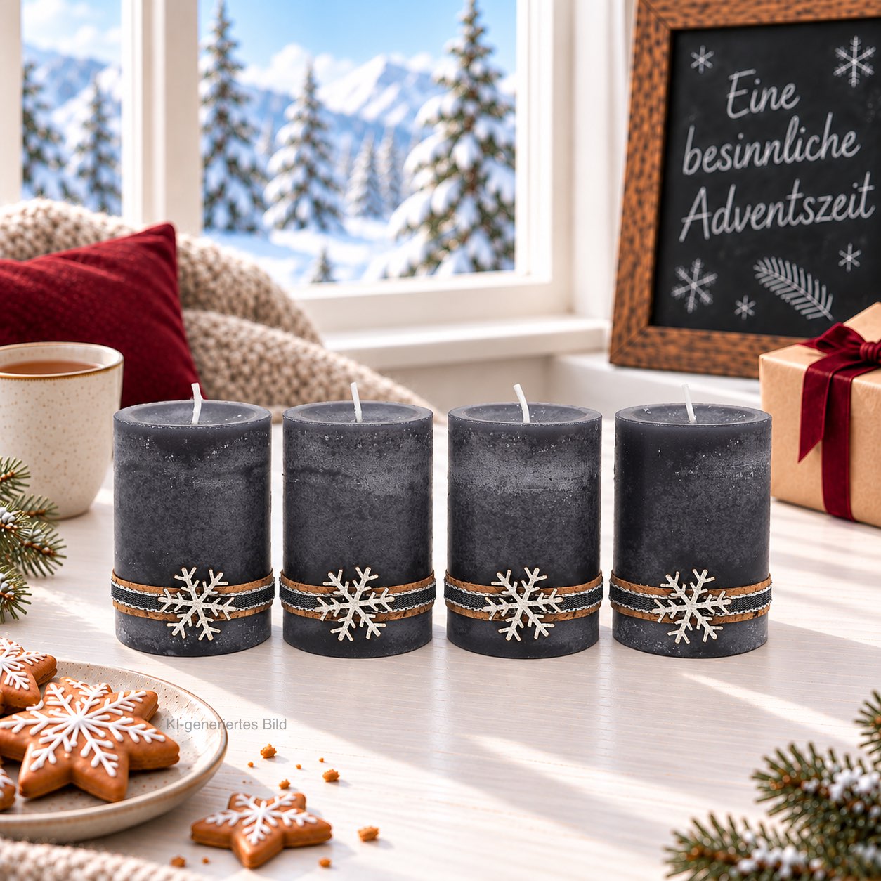 4 Adventskerzen Kerzen Stumpenkerzen Grau Silber Holz Weihnachten Advent Deko Tischdeko