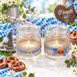 Oktoberfest Windlichter mit Metallhenkel aus Glas mit Brezel, Edelweiß & Karoband in Blau weiß 4