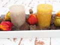 Tablett Herbst Herbstdeko Tischdeko Deko Kerze Physalis Lampionblume Holz Natur Grün Braun Gelb  5