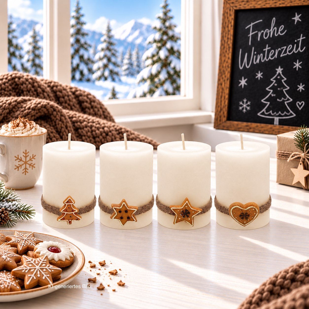 4 Adventskerzen Kerzen Stumpenkerzen Creme Kekse Plätzchen Weihnachten Advent Deko Tischdeko