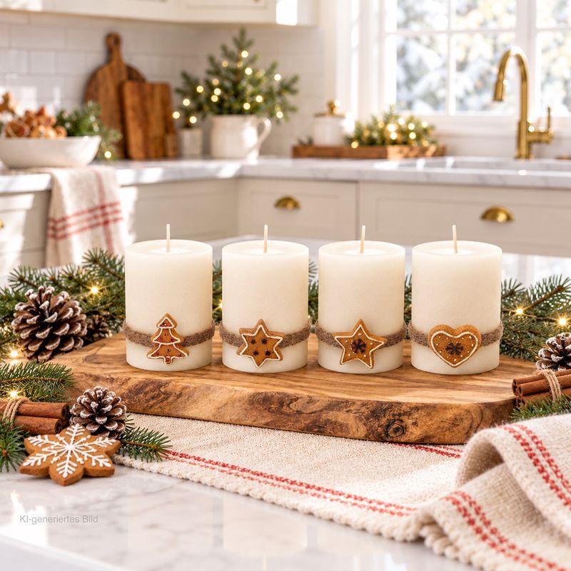 4 Adventskerzen Kerzen Stumpenkerzen Creme Kekse Plätzchen Weihnachten Advent Deko Tischdeko