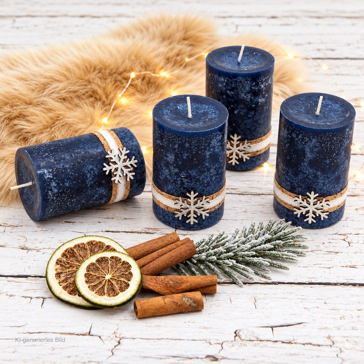 4 Adventskerzen Kerzen Stumpenkerzen Blau Dunkelblau Schneeflocke Holz Advent Weihnachten Deko Tischdeko