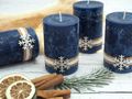 4 Adventskerzen Kerzen Stumpenkerzen Blau Dunkelblau Schneeflocke Holz Advent Weihnachten Deko Tischdeko 3