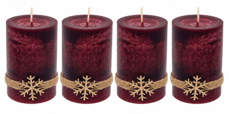 4 Adventskerzen Kerzen Stumpenkerzen Bordeaux Rot Schneeflocke Holz Advent Deko Tischdeko