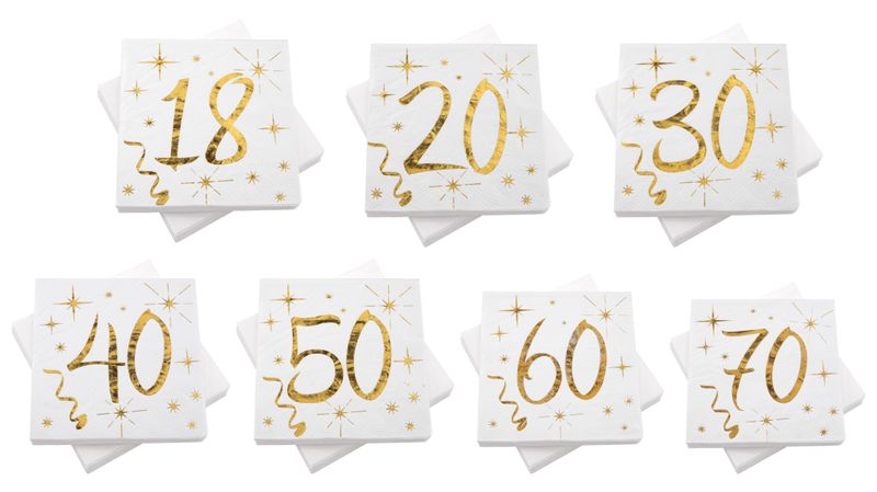 Servietten Tischdeko Geburtstag Zahlen Gold Weiß 18 20 30 40 50 60 70 Party