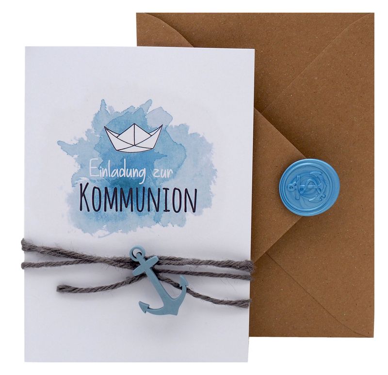 Einladungskarte Kommunion Konfirmation Taufe Karte Einladung Karte Umschlag Kraft Natur Boot Schiff Siegel