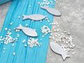 Tischdeko Kommunion Konfirmation Türkis Blau Silber Weiß Grau Fisch SET 20 Personen 6