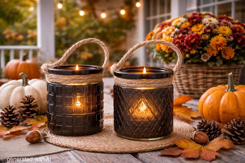 Windlicht Teelichthalter Braun Tischdeko Garten Quadrate Rauten Glas mit Kordel 2 Stück