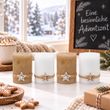 4 Adventskerzen in Weiß & Beige mit Holz-Doppelstern – handdekorierte Stumpenkerzen 2