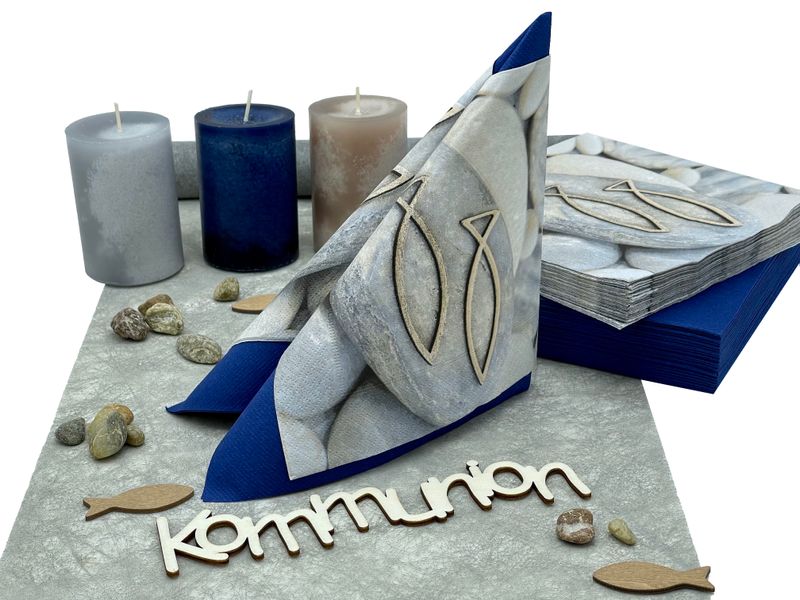 Tischdeko Kommunion Konfirmation Blau Grau Fische Schriftzug Holz SET 20 Personen