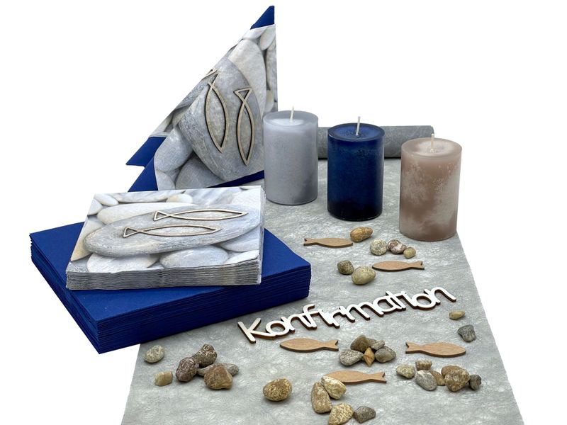 Tischdeko Kommunion Konfirmation Blau Grau Fische Schriftzug Holz SET 20 Personen