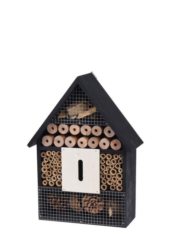 Insektenhotel aus schwarzem Holz als Deko für Ihren Garten und nützliche Niststätte für Insekten 29cm Höhe