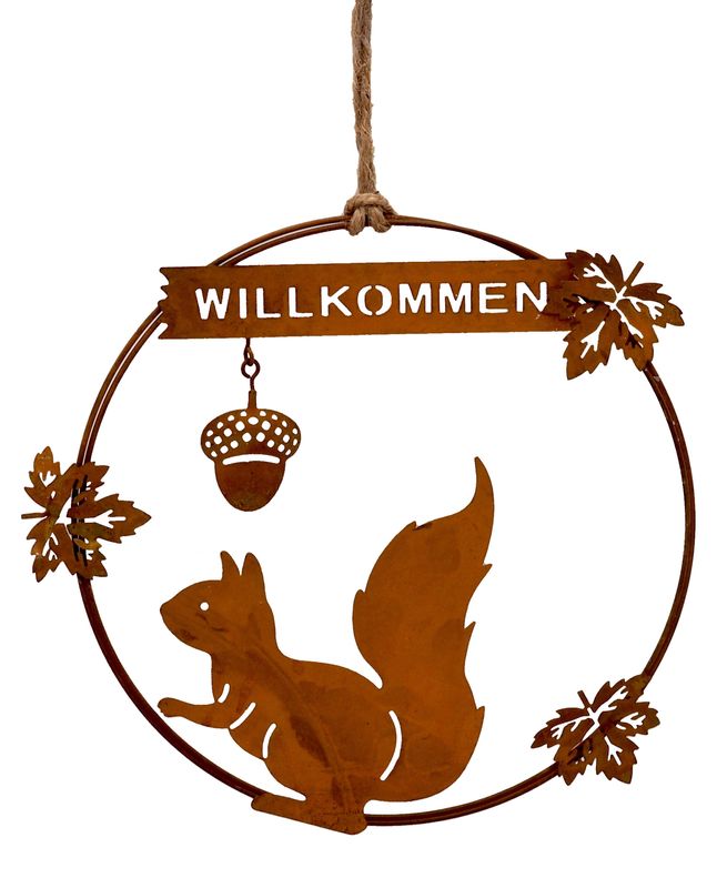  Eichhörnchen Deko Herbst  Winter Metallschild Willkommen Rost Metall Ø 20cm 2 Motive