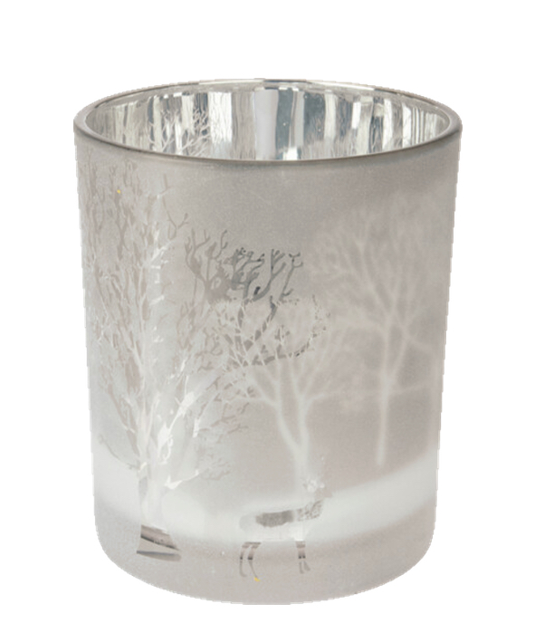 Teelichthalter Mittel aus Glas in Taupe mit winterlichen Motiven Hirsch Wald 