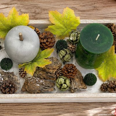 Herbstgesteck länglich Tablett Holz Apfel Kerzen Grün Streudeko Herbstdeko Deko 40cm