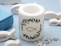 Stumpen Kerze Windlicht mit Fisch & Eukalyptus Kranz Botanical Kommunion Konfirmation Firmung Taufe 3