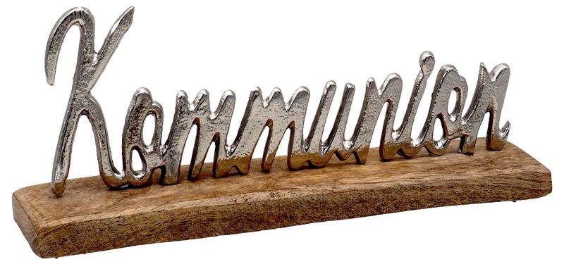 Kommunion Schriftzug Aluminium auf Holzfuß Hell Tischdeko 23cm