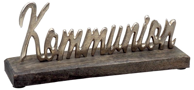 Kommunion Schriftzug Aluminium auf Holzfuß Dunkel Tischdeko 23cm
