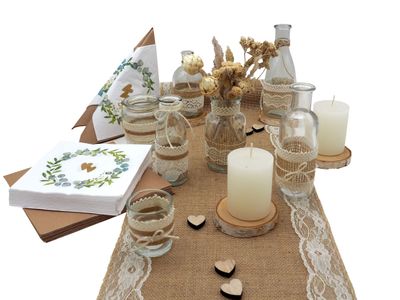 Tischdeko Herz Gold Eukalyptus Holz Creme Natur Braun Spitze Hochzeit 20 Personen