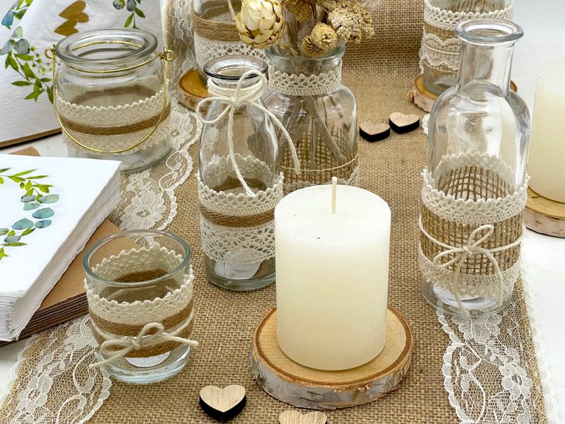 Tischdeko Herz Gold Eukalyptus Holz Creme Natur Braun Spitze Hochzeit 20 Personen